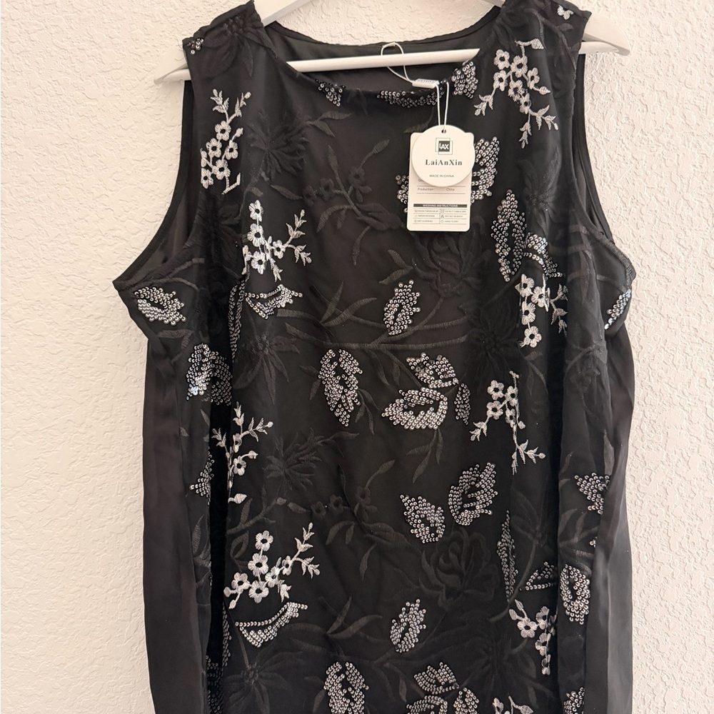 LAX Plus Size 3-Piece Lace Sequin Set | Jacket, Lined Top & Elastic Waist Pants - Picture 3 of 12